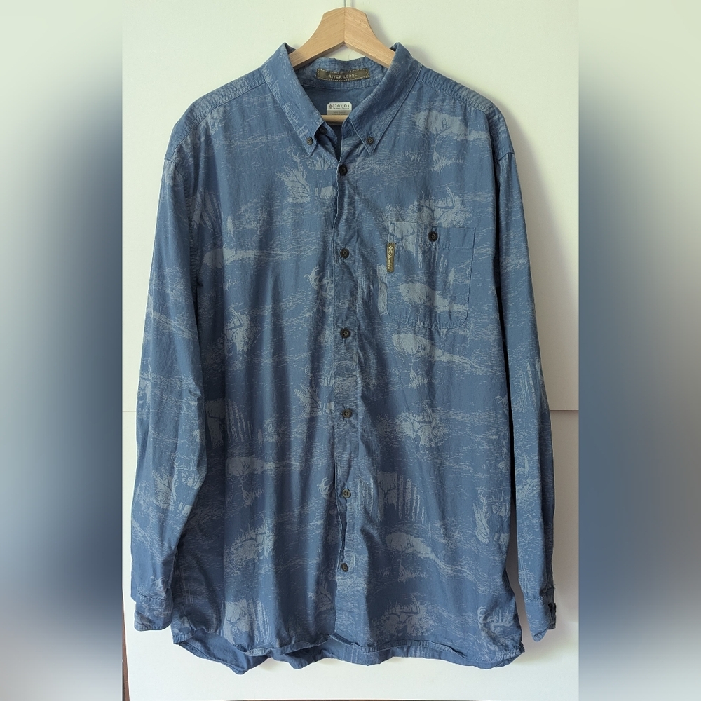 Columbia Deer & Nature Print Casual Blue Button-Down Shirt Size XL